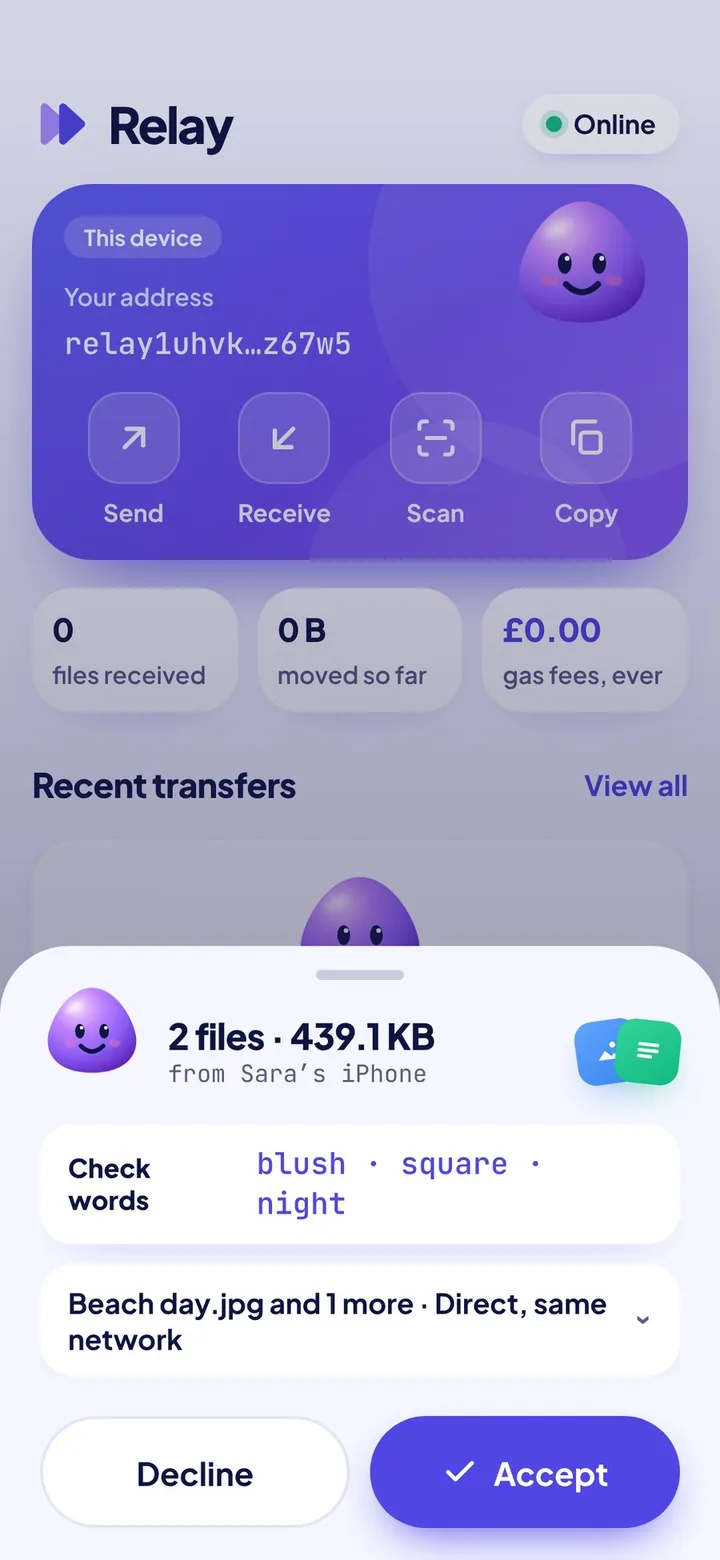 The request on the Galaxy: two files from Sara’s iPhone, the same three check words, Decline and Accept